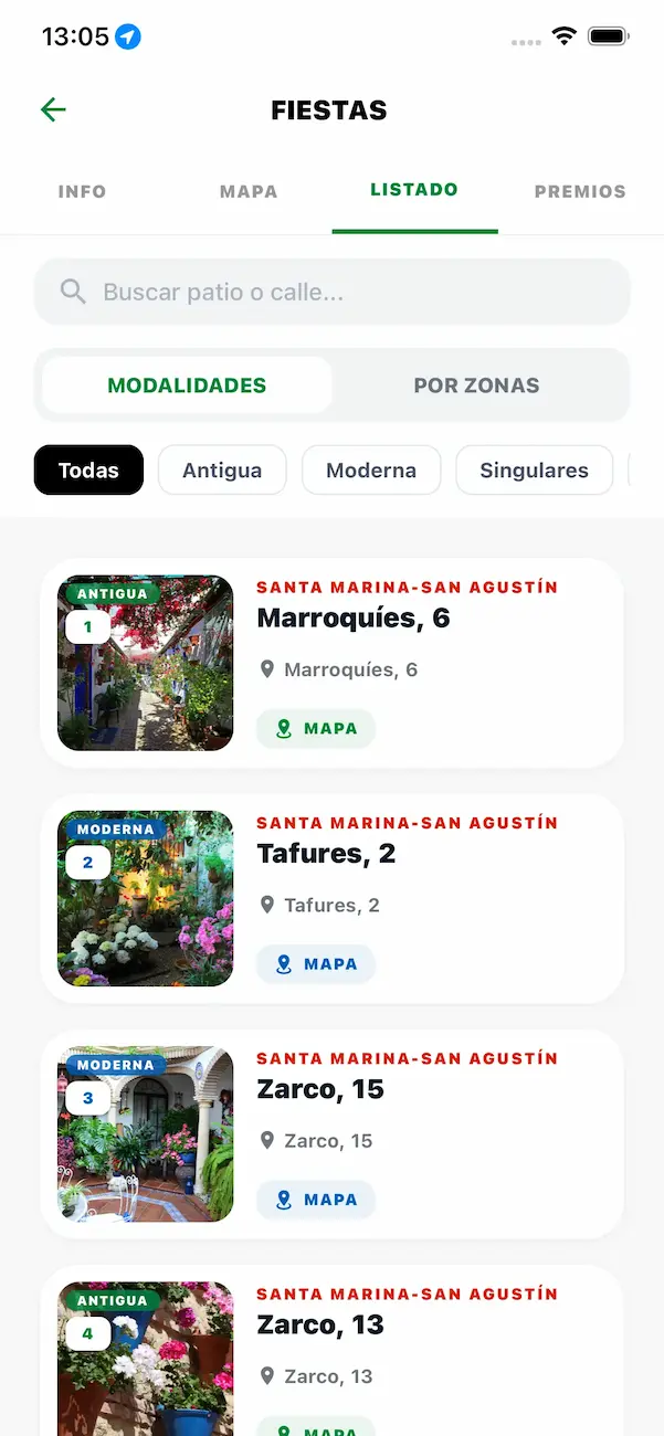 Listado completo de patios de Córdoba por modalidad Antigua, Moderna y Singulares y por zonas San Basilio, Santa Marina, Judería