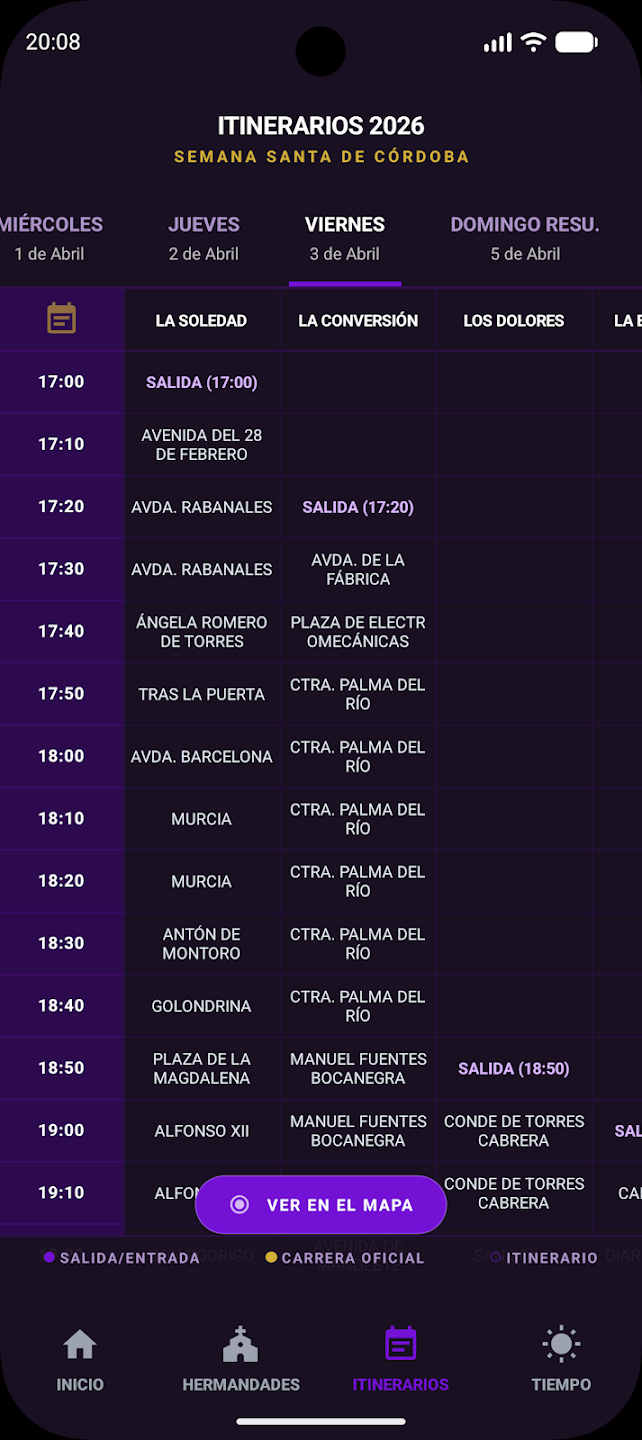 App Semana Santa Córdoba 2026 - Pantalla principal con hermandades del día