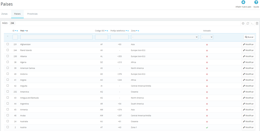 modificar pais de prestashop