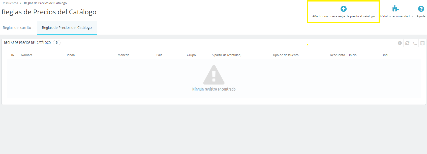 seleccionar regla de catalogo