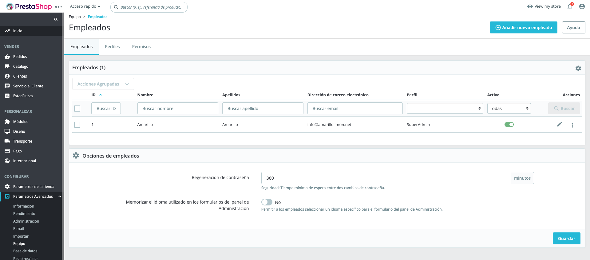 Listado de empleados en el Panel de Prestashop