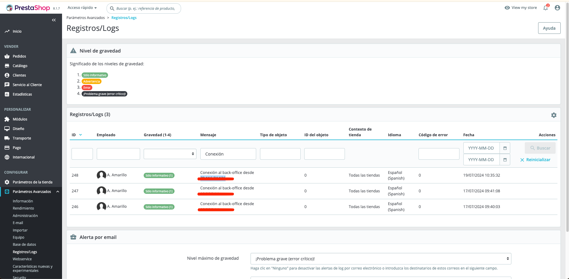 Log de acceso de Prestashop